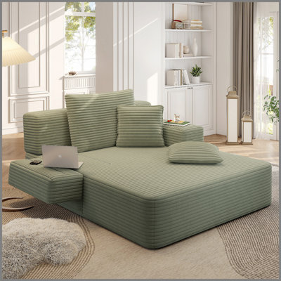 Luxueuse chaise longue en velours côtelé moelleux avec 3 coussins, canapé-lit convertible avec poche de rangement, conception sans cadre et mousse de compression pour les petits espaces, salon, appartement, vert