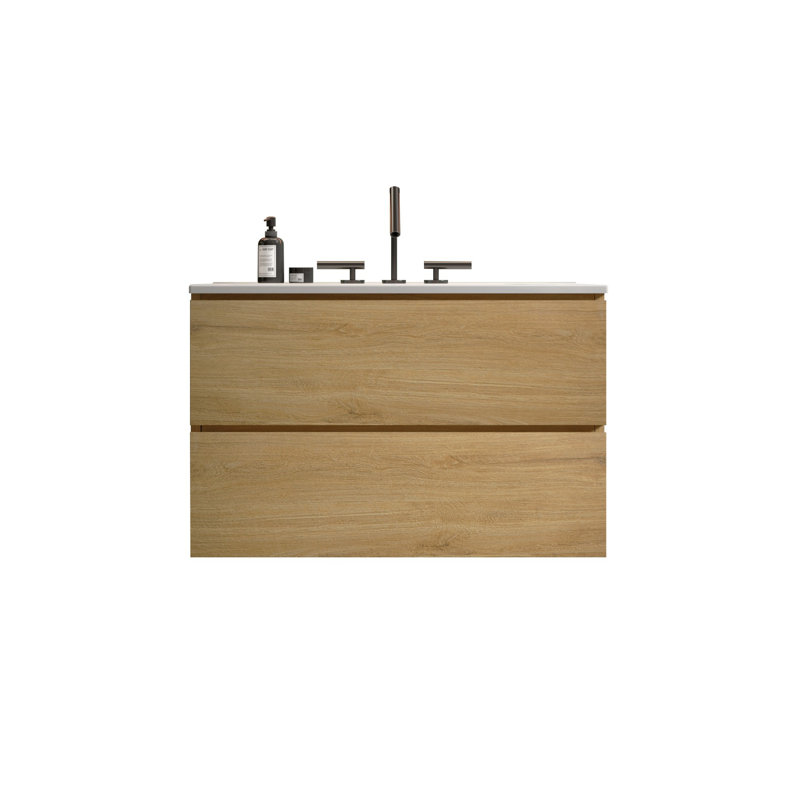 Meuble-lavabo à trois trous en céramique, Chêne