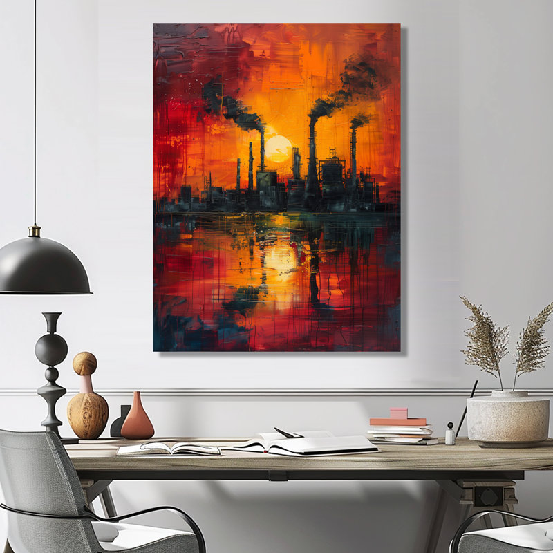 Art industriel rouge «Polution I» - usines, Toile tendue, H 40 po x l 30 po x P 1,5 po