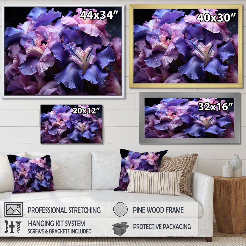 «Midnight Purple Irises Serenity» dévoilé sur toile, H 30 po x l 40 po x P 1,5 po, Cadre simple argenté