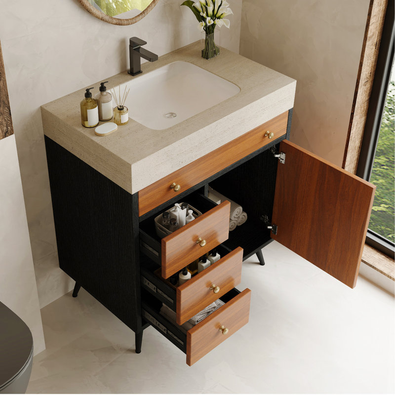 Meuble-lavabo moderne autoportant avec lavabo en céramique et plateau en pierre frittée