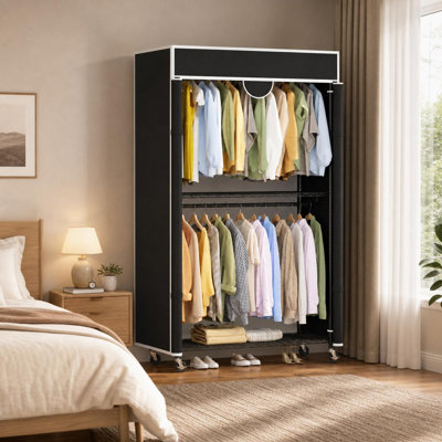Support à vêtements robuste avec 4 roulettes et housse, 2 tablettes réglables et 2 tringles de suspension, 45,28 po x 17,72 po x 79,68 po, noir