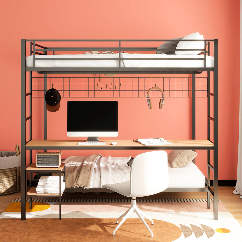 Matte Black Metal Full Over Twin Bunk Bed, Mesh Siding, Guardrails, And A Wood - Look Veneer Desk For Bedroom Use Function Workstation Twin, Featuring