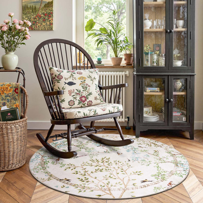 Floral Rug Botanical Birds Print Nature Plants Washable Non-slip Natural Ivory, Round 6', Ivory