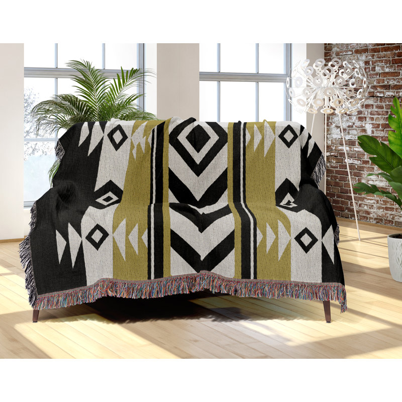 Couverture en mélange de coton Fika South Western, Noir / or terne, L 60 po x l 50 po