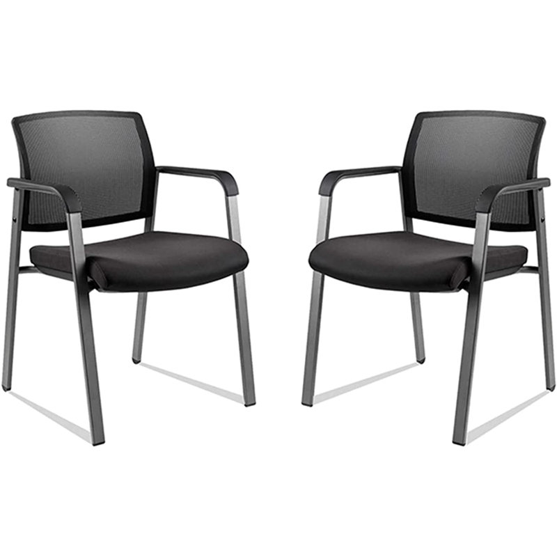  Mesh Back Stacking Arm Chairs with Upholstered Fabric Seat and Lumbar Support 2 Pack, Black