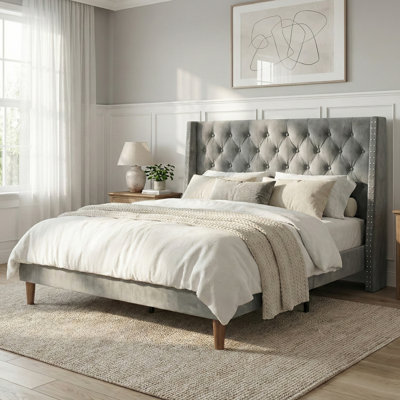 Modern Velvet Wingback Platform Bed