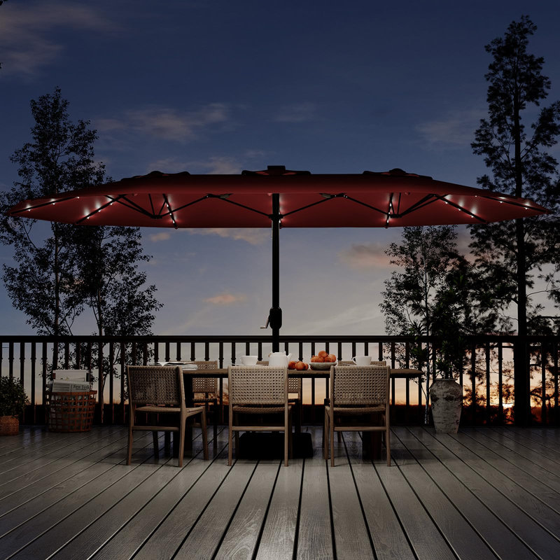 Très grand parasol rectangulaire double face pour patio avec lumières solaires à DEL - Parasol de marché extérieur robuste et résistant aux rayons UV - Base robuste, 8 nervures, inclinaison à bouton-poussoir, manivelle, assemblage facile - Claret