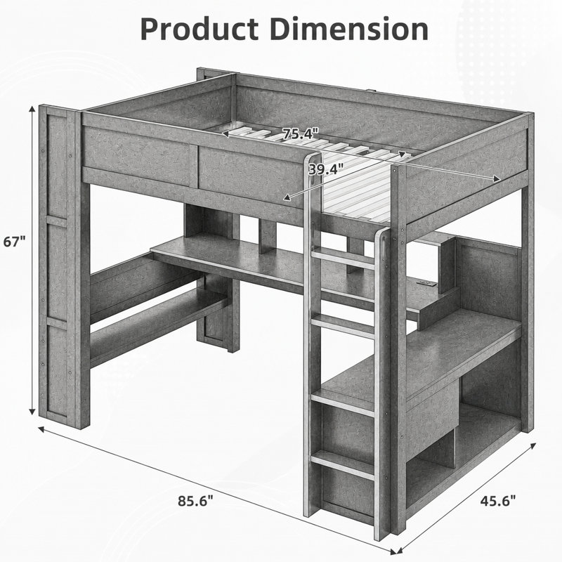 Lit mezzanine simple en bois avec bureau, tablettes multiples, DEL et station de charge, noir et rouge, Twin