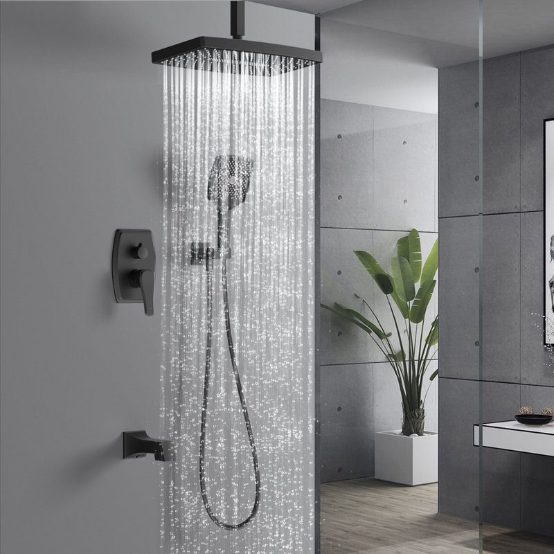 Shower & Tub Systems with 14" Rain Head and High Pressure Handheld, Celling Mount, Rough in-Valve, Matte Black