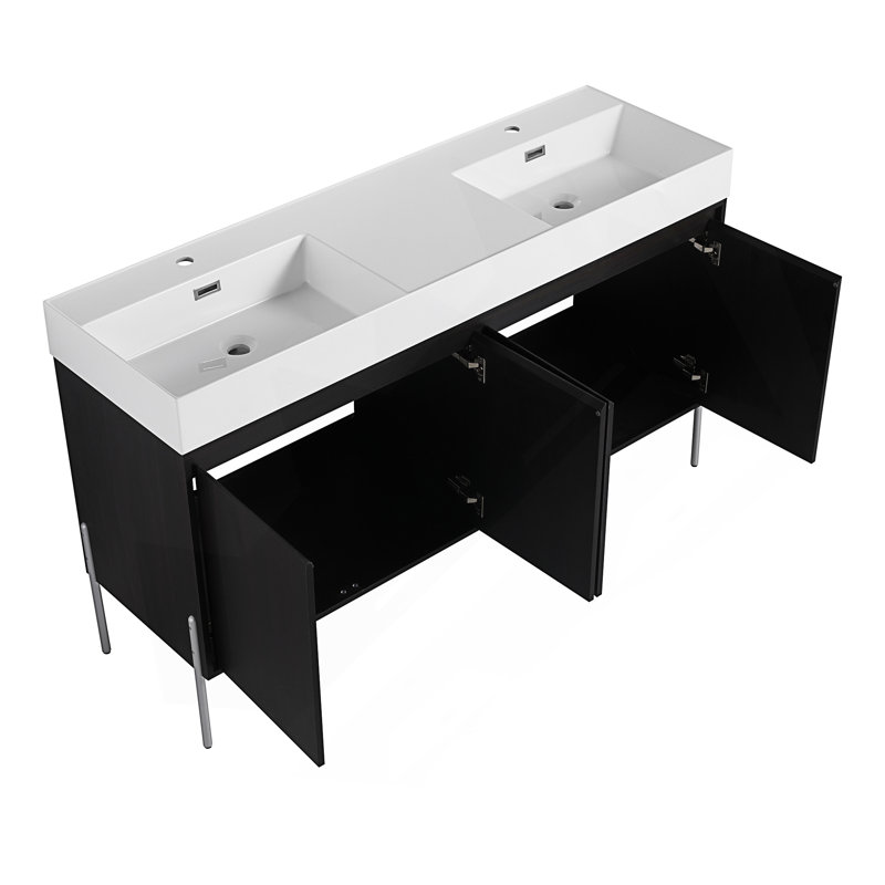 Meuble-lavabo autoportant moderne avec lavabo double en résine, armoire de rangement avec portes à fermeture douce