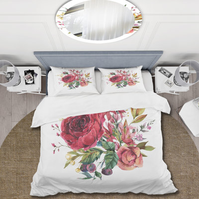 Vintage Burgundy Rose and Wildflowers - Farmhouse Duvet Cover Set - Microfiber Polyester