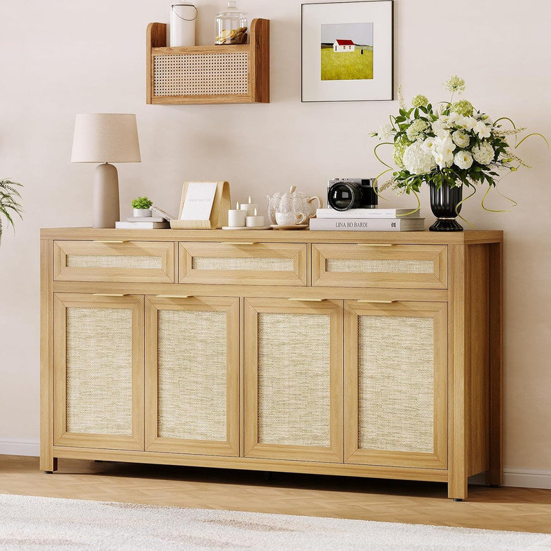 63" Farmhouse Buffet Sideboard with Rattan Accents, 3 Drawers & 4 Doors, Adjustable Shelves Storage Credenza for Dining Room, Kitchen, Entryway