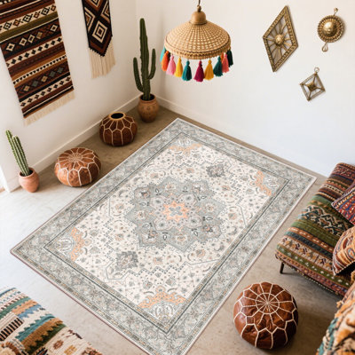 Bohemian Washable Rugs Indoor, Soft Low Pile Boho Area Rug For Living Room, Dining Room, 4x6 Non Slip Decorative Rug for Bedroom, Performance Rug for Home Decor, Ideal For High Traffic Areas, Beige 