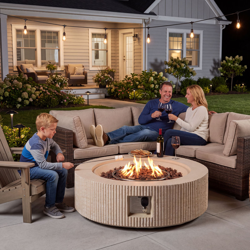 Table ronde de 41 po avec foyer au propane en béton, Beige