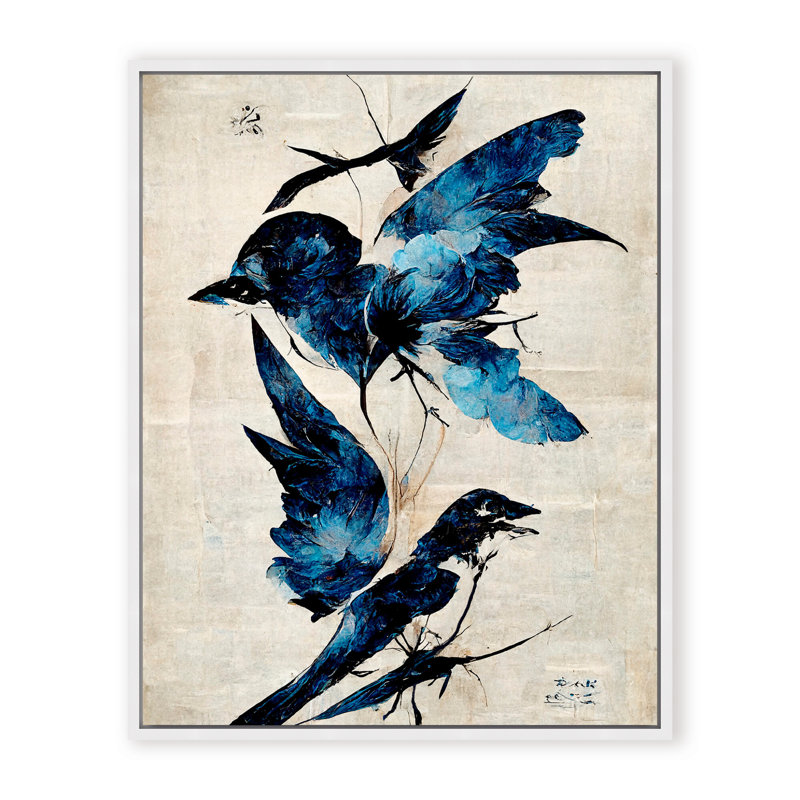Nature Inspired Blue Birds, 40" H x 30" W x 2.375" D, Framed Canvas, Black