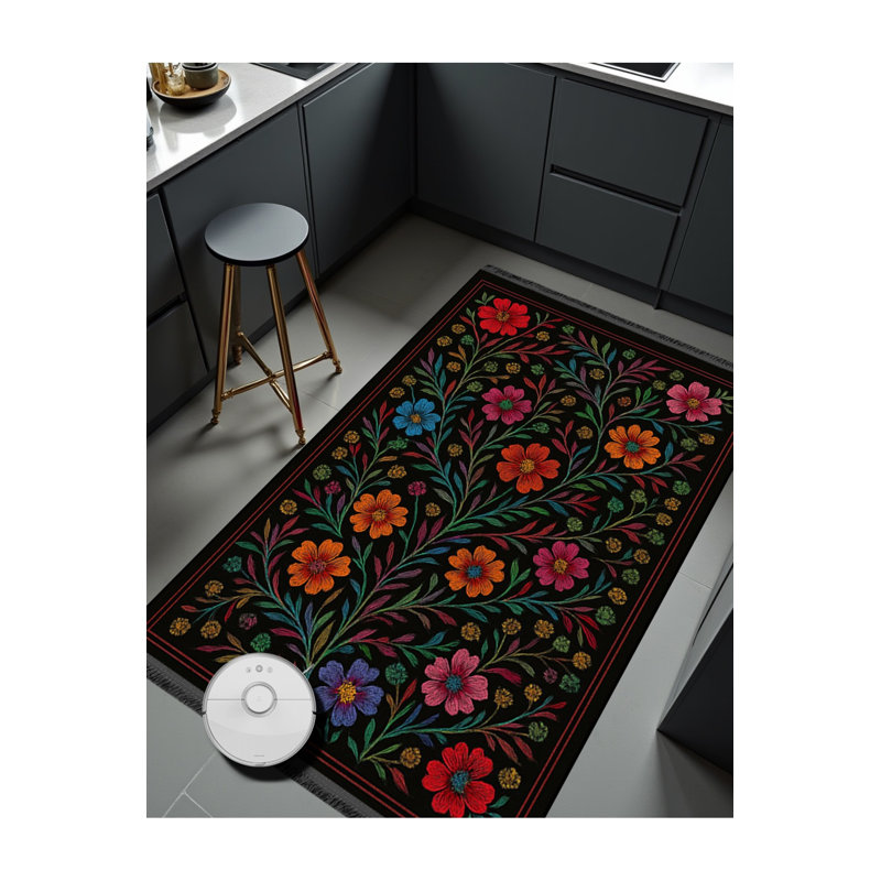 Tapis gris tissé à motif floral lavable Mosso, 3'11" x 5'11"