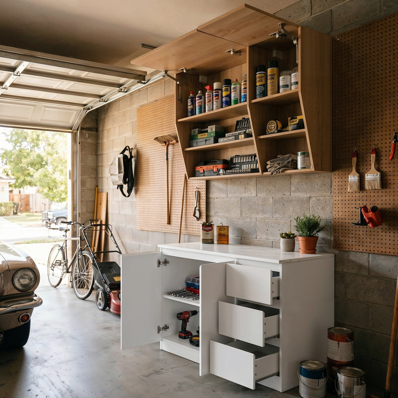 Modern Garage Storage Cabinet With 3 Drawers, Built-In Paper Towel Holder & Durable Stone-Look Worktop