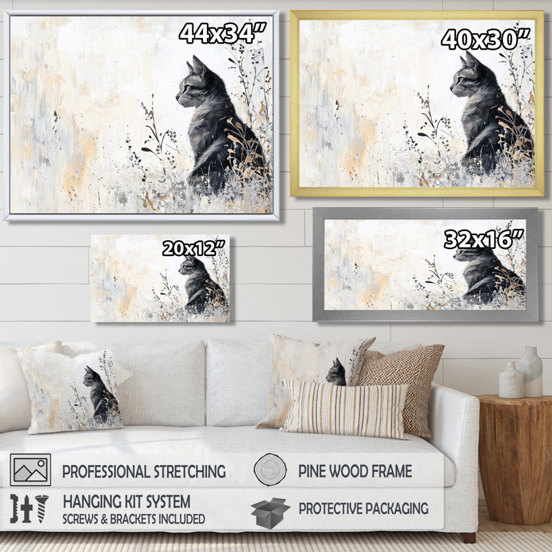 Minimal Meadow Cat - Cat Canvas Print, 12" H x 20" W, Floater Framed Print, White