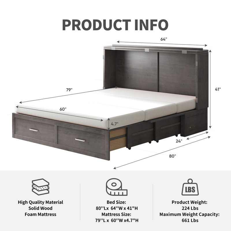 Lark Manor Queen Murphy Bed, Smart Cabinet Bed with USB Charging Station, Storage Drawers for Home, Gray