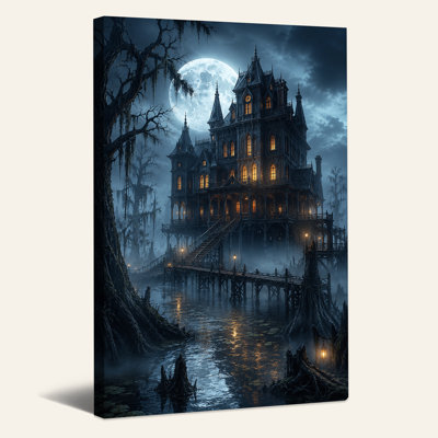 Art mural sur toile Spooky Haunted Mansion Under Full Moon in Foggy