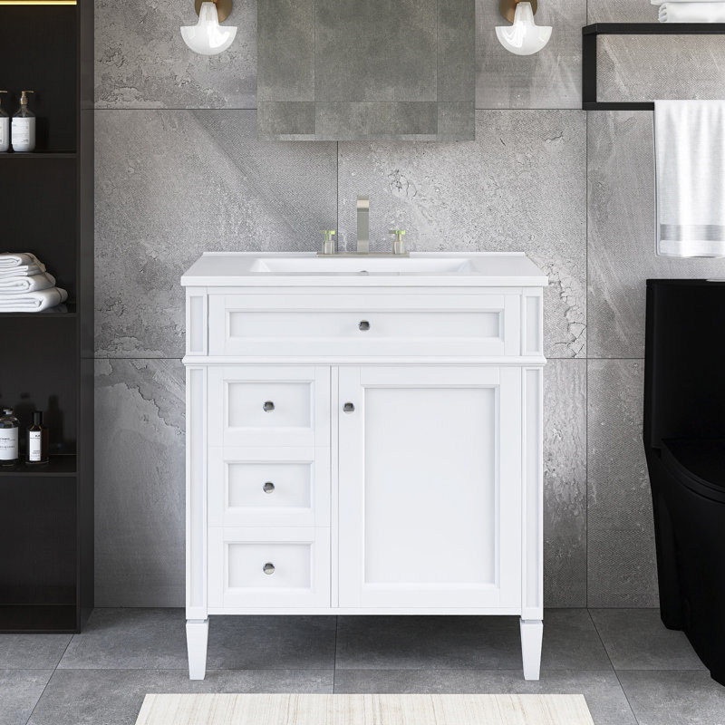 30 In. W Single Sink Freestanding Bath Vanity With Ceramic Top, White, Silver