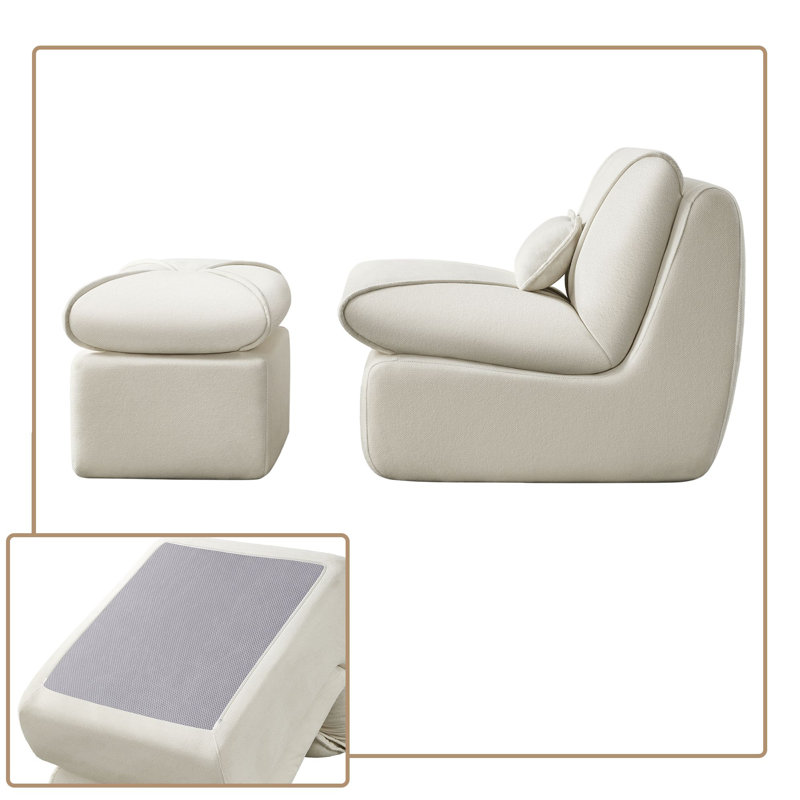 Ensemble de fauteuil à billes et de repose-pieds rembourrés avec coussin pour chambre à coucher ou salon Modern, Tissu beige