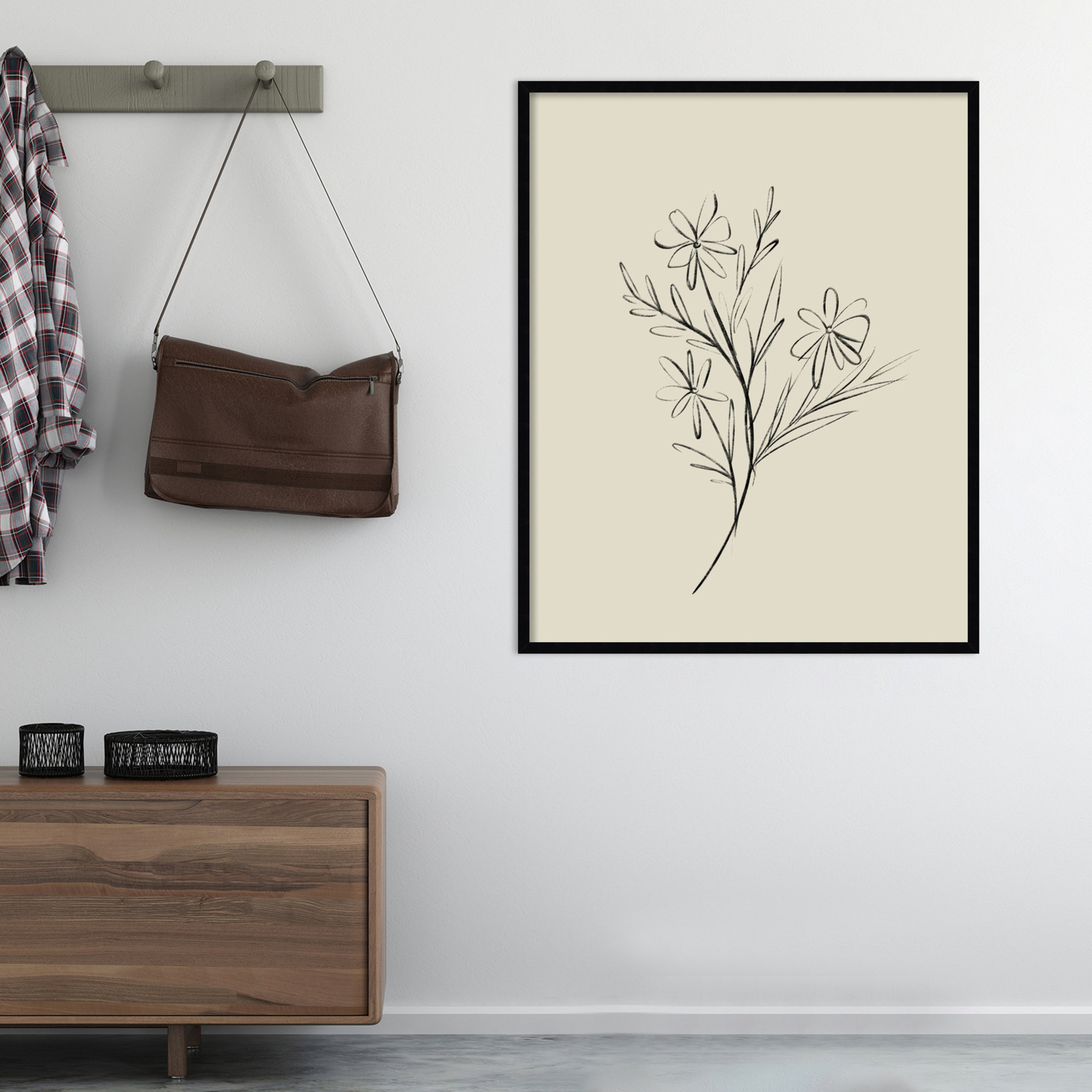 Line Drawn Flowers 1 by Border Bloom - Picture Frame Art, 33" W x 41" H x 1" D, Black Framed