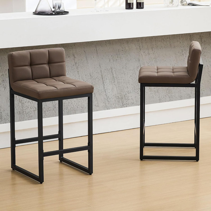 Tabouret de bar et de comptoir rembourré à dossier bas avec structure en métal épaissie pour îlot de cuisine, Brun, 2