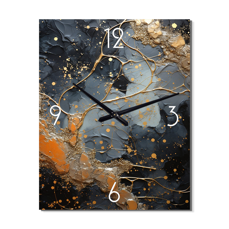 Horloge murale abstraite abstraite dorée et noire I - Collages abstraits, Médium