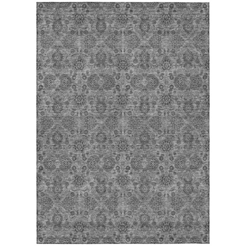 3' X 5' Gray Silver And Charcoal Floral Washable Indoor Outdoor Area Rug