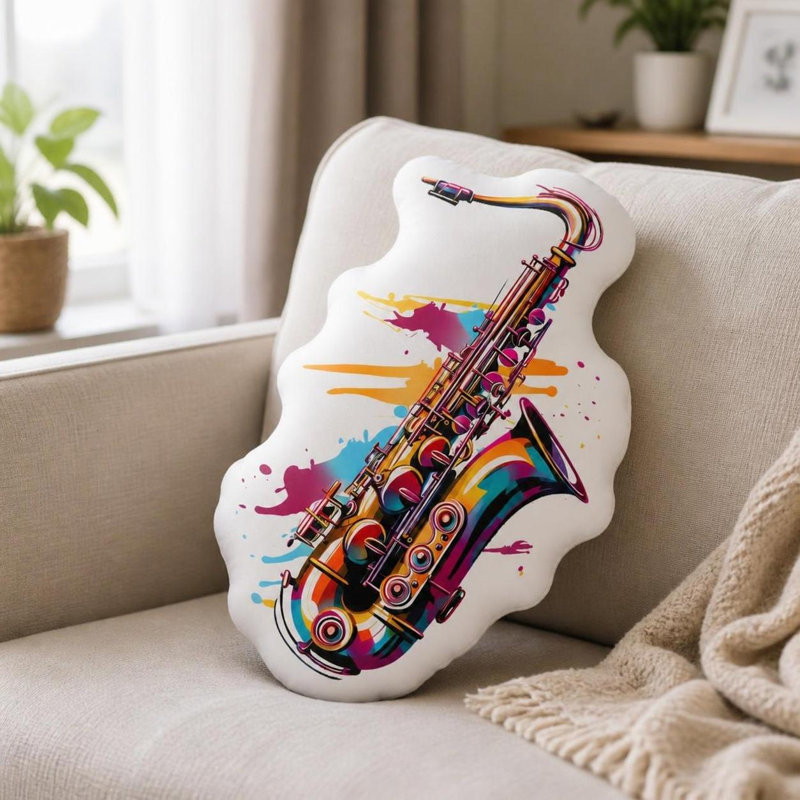 1pc Saxophone-Shaped Throw Pillow - Music-Themed Stuffed Cushion with Saxophone Print, -Filled Decorative Pillow Suitable for Bedroom, Sofa, Dorm - Gift for Musicians & Music Lovers, Multicolor Saxo, 2D Flat, 11.81inch