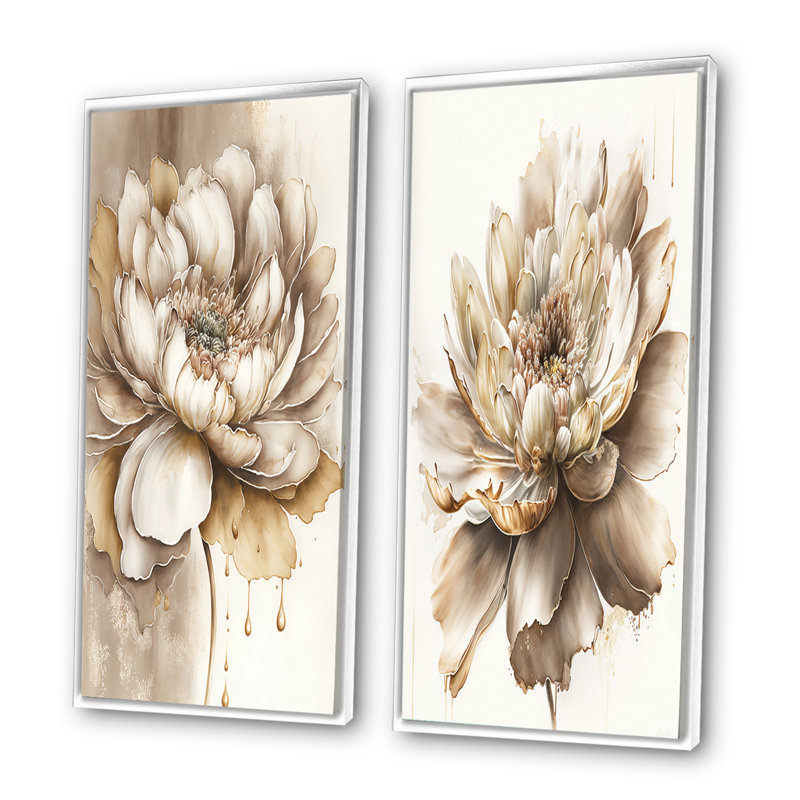 «Indigold Beige Flower II», 2 pièces sur toile, Cadre blanc, H 20 po x l 24 po