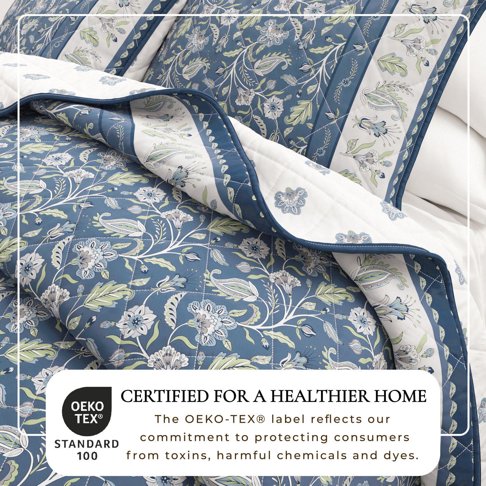 Floral Bordered Cotton Quilt Set, Blue Floral, King Quilt + 2 King Shams