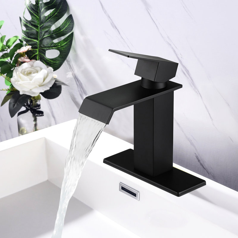 Élégant robinet de salle de bain noir mat avec bec cascade et poignée simple simple, acier inoxydable, Noir mat