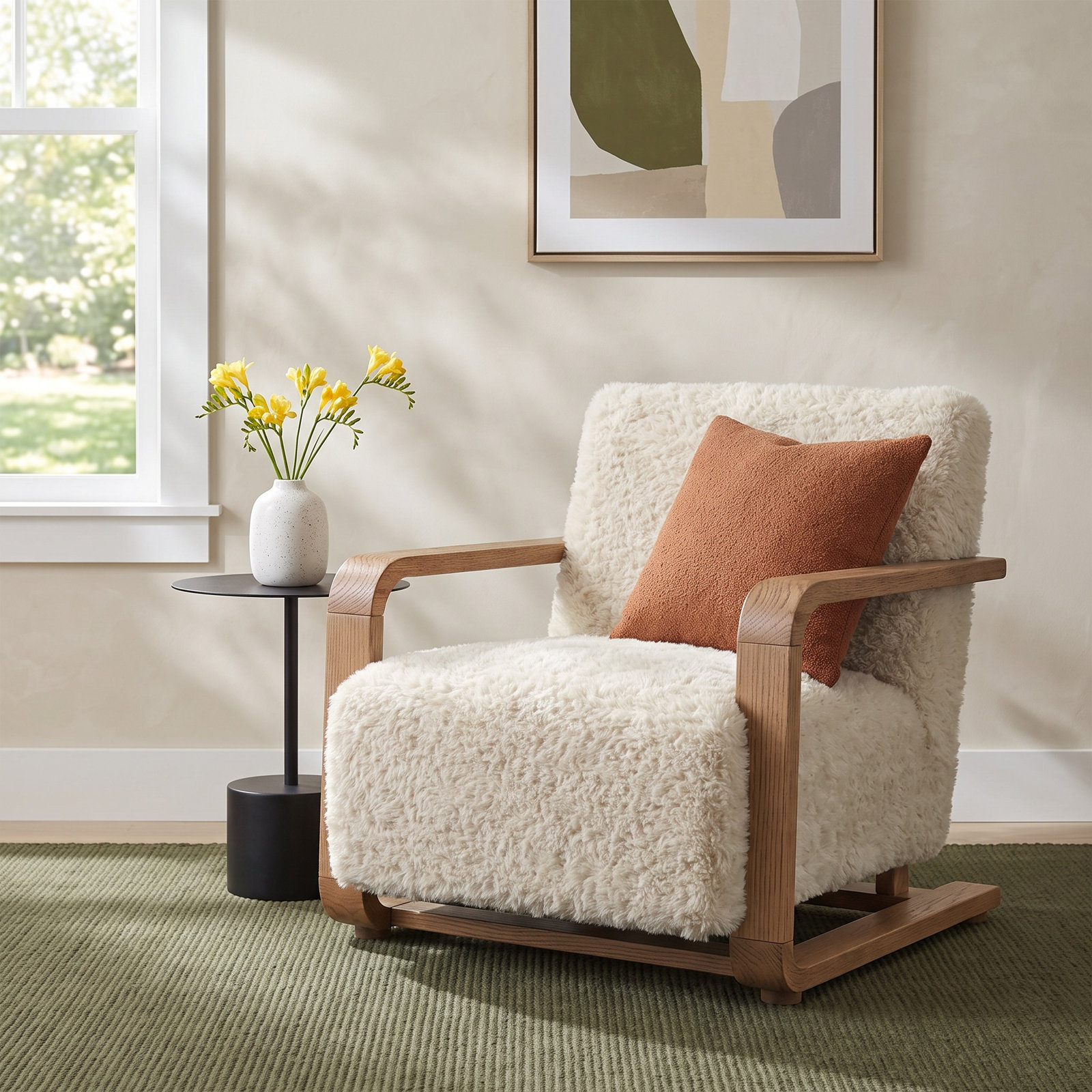 Nellie Oak Lounge Chair, Cream Faux Fur
