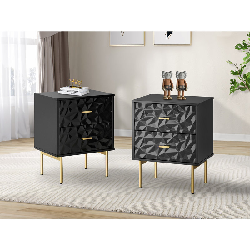 Pruneda 2 Drawer Glam End Table, Black