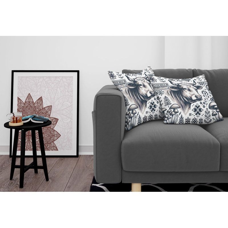 Dark Blue and White Southwestern Cow Print Microfiber Throw Pillow Covers, Set of 2