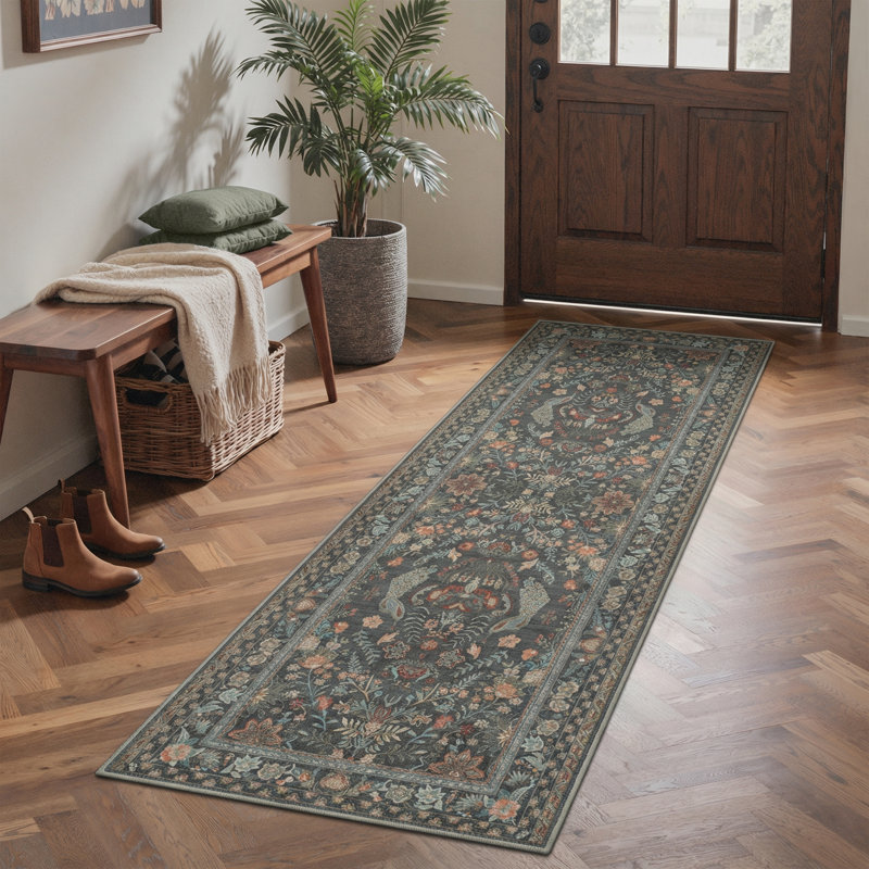 Allendale Aura Floral Peacock Machine Washable Grey / Brown Indoor Area Rug with Non-Slip Backing, Runner 2' x 6'