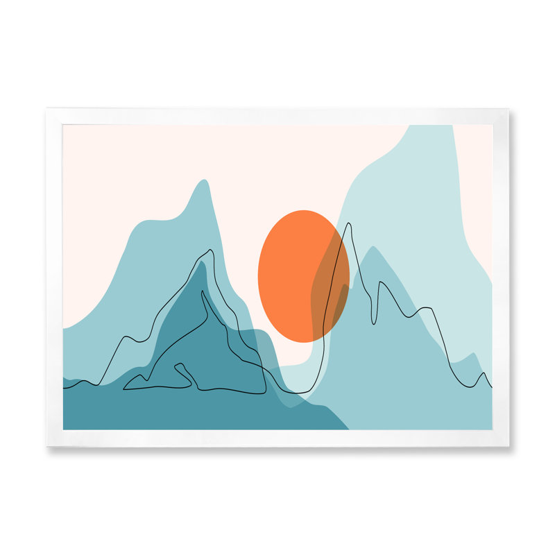 Red Moon Over Abstract Blue Mountains I - peinture sur toile, H 24 po x l 32 po x P 1 po, Cadre photo blanc