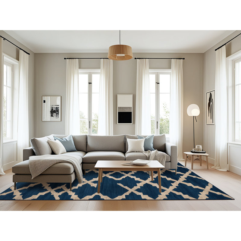 Machine Washable Trellis Blue Area Rug, Rectangle 6' x 9'