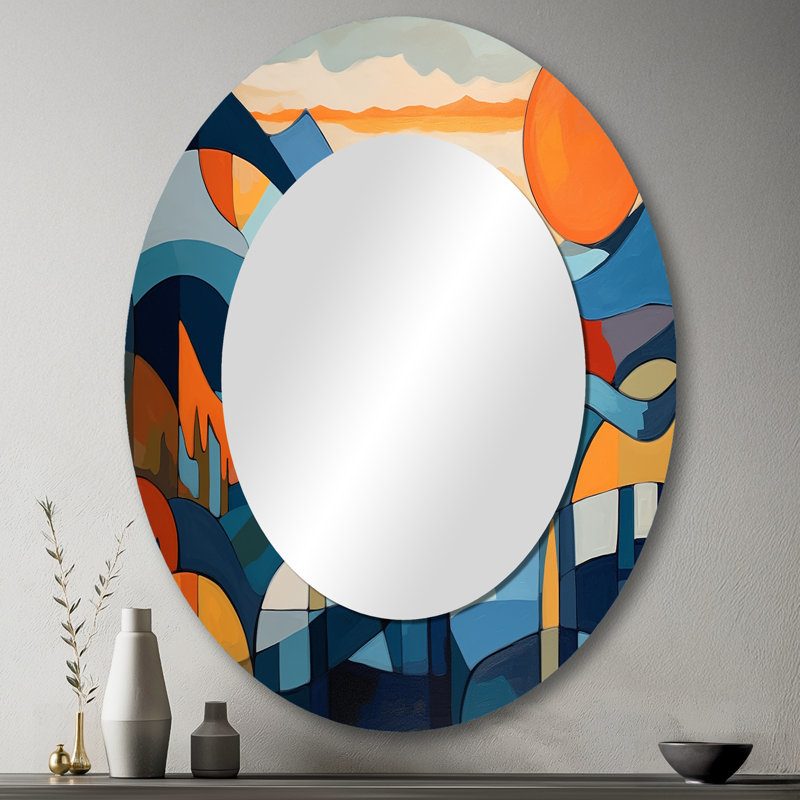 Mid Century Perspectives II - Grand miroir mural ovale sur métal, 43 po x 33 po