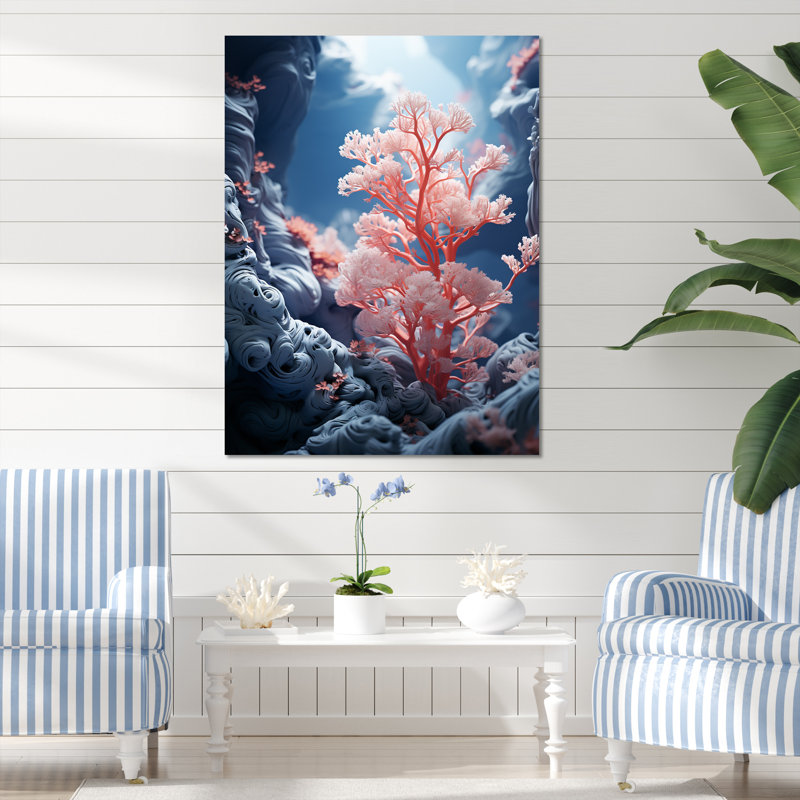 Rose corail et anémones dansant III, Toile tendue, H 32 po x l 16 po x P 1 po