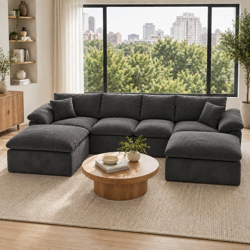 Canapé d'angle modulaire 4 pièces avec 2 poufs amovibles, canapé infonuagique profond en chenille reconfigurable avec coussins moelleux, vert