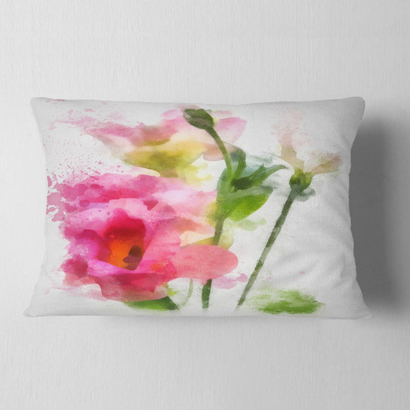 Coussin décoratif imprimé à la main fleur d'aquarelle rose, Rectangle, 12 po x 20 po