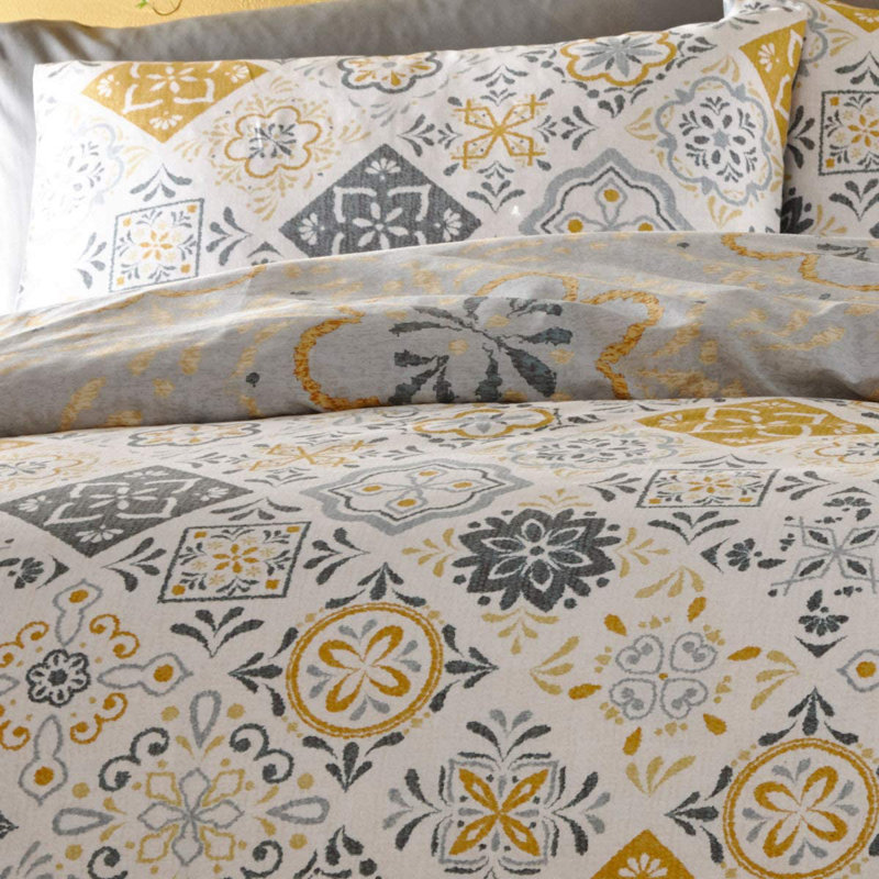 Ochre/Blue 56 TC Reversible Duvet Cover Set, 200 x 200cm Duvet Cover + 2 Standard Pillowcases, Ochre/Blue
