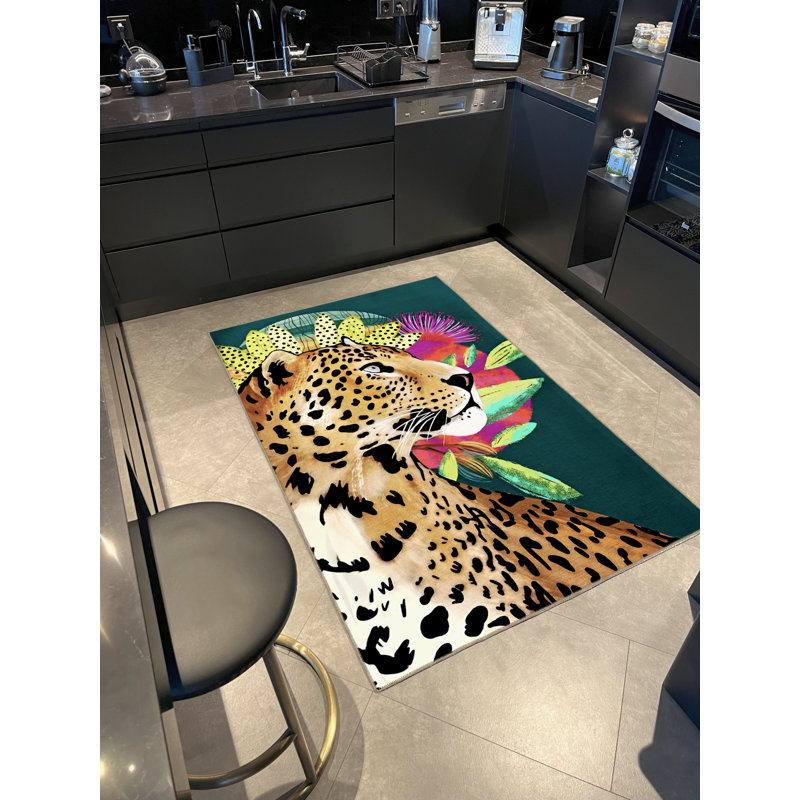 Tapis décoratif moderne à motif vert tigre et fleur, Tapis de couloir 3 pi 3 po x 9 pi 10 po