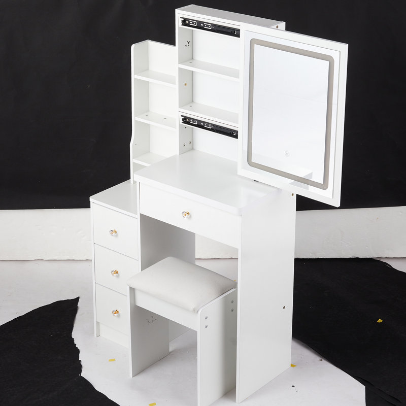Table de meuble-lavabo blanche à gauche, avec miroir à DEL tactile, luminosité réglable et 3 options de couleur, tabouret rembourré inclus, convient aux petites pièces et