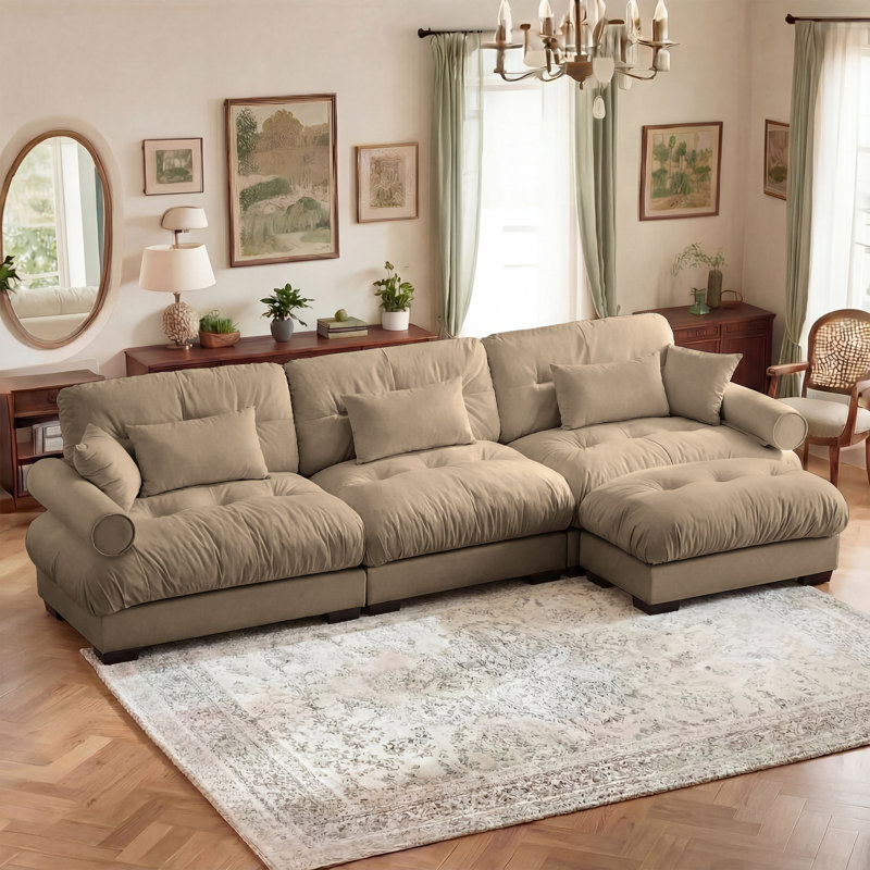 130" L-Shaped Velvet Upholstered Sectional With Ottoman, Tan Velvet