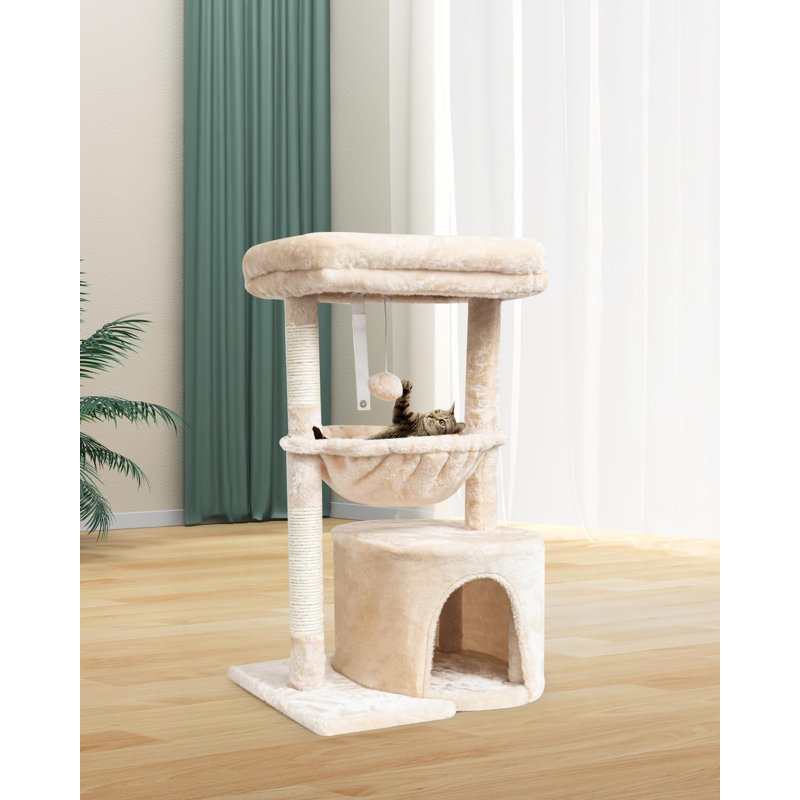 Arbre à chat pour chats d'intérieur, tour pour chat avec poteau à griffer, maison pour chat moderne avec perchoir rembourré, maisonnette pour chatons avec berceau, beige